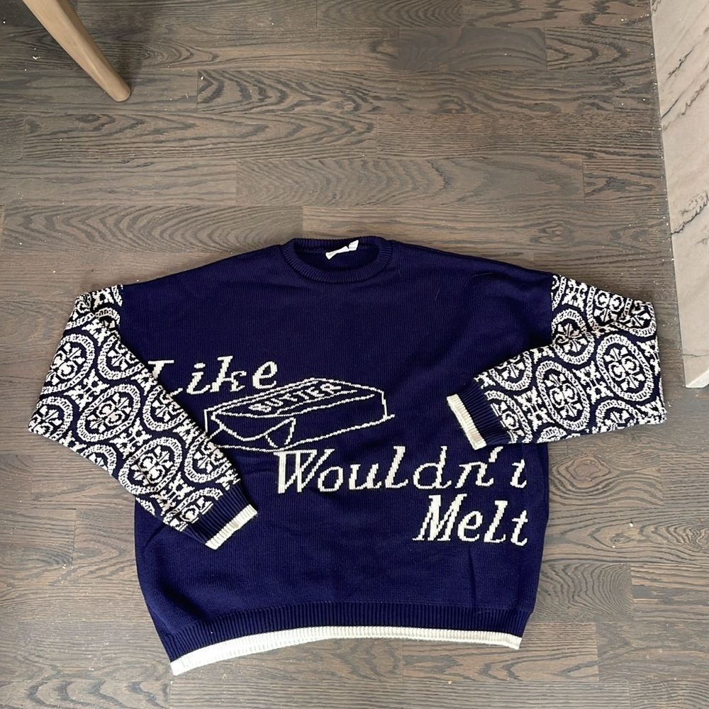 Like butter wouldn’t melt Blue and White Crewneck Sweater